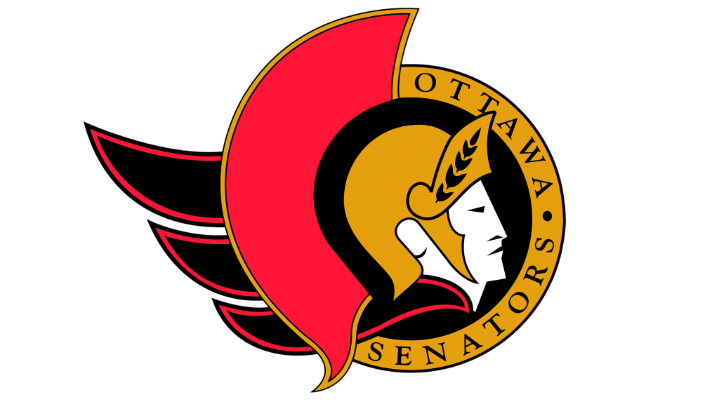 Il s'agit du logo des Sénateurs d'Ottawa, représentant le profil d'un centurion de style romain avec un panache rouge et noir, encadré dans un cercle portant le nom de l'équipe.