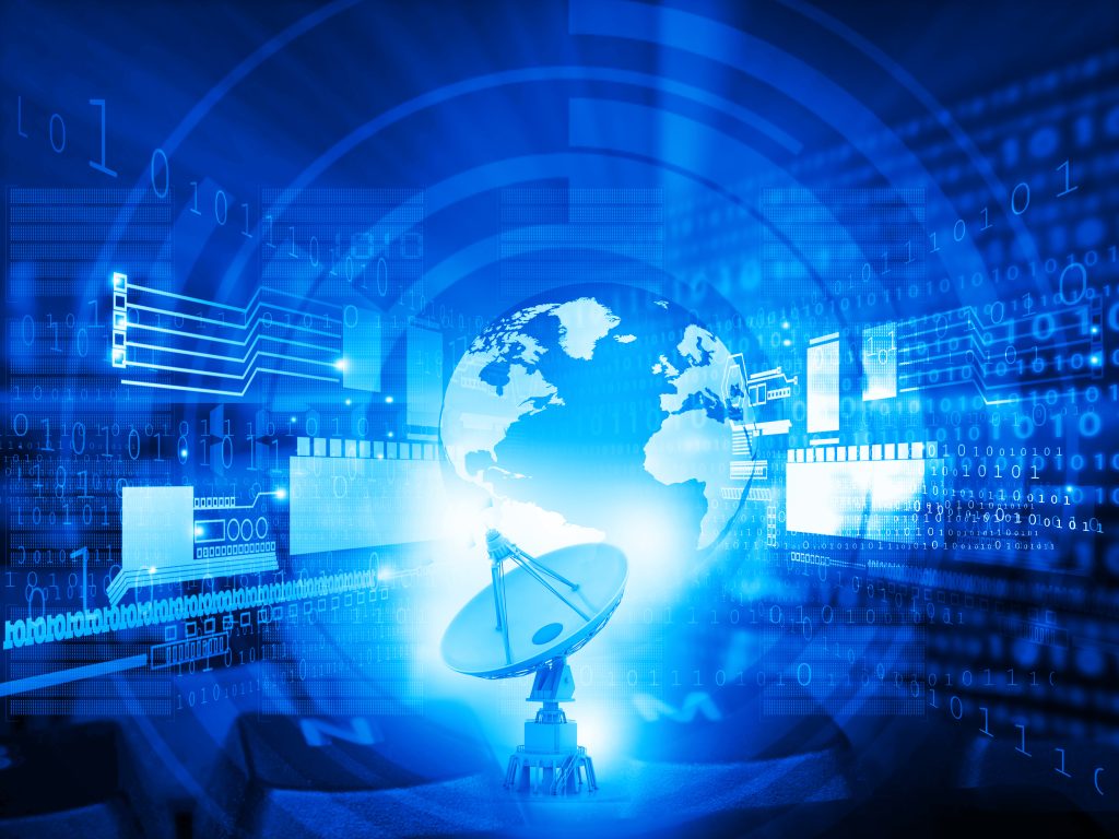 Digital collage showing a satellite dish, binary code, and a glowing Earth, symbolizing global communication and technology.
