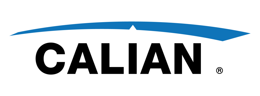 Logo of Calian featuring the name in bold black letters with a blue curved line above.