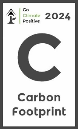 Carbon Neutral 2023 certification badge with "Go Climate Positive" text and logo.