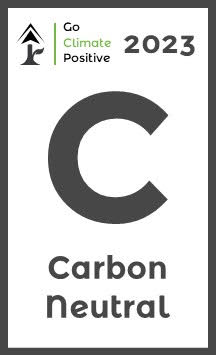 Carbon Neutral 2023 certification badge with "Go Climate Positive" text and logo.