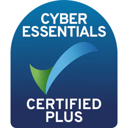 Logo showing "Cyber Essentials Certified Plus" with a blue and green checkmark on a blue background.