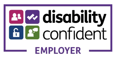 Logo of the "Disability Confident Employer" scheme, featuring icons of people, a checkmark, a lock, and a thought bubble in colored squares, with the text in black and purple.