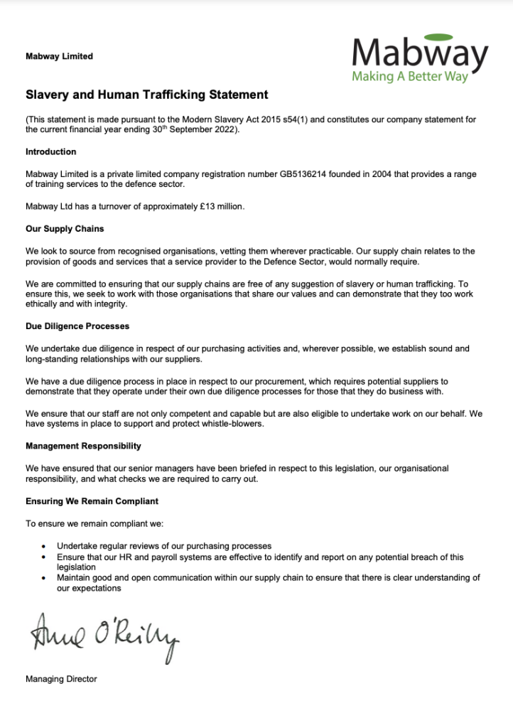 A document titled "Slavery and Human Trafficking Statement" from Mabway Limited, outlining their policies and procedures to combat slavery and trafficking in their supply chains.