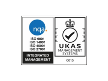 Certification logos for NQA Integrated Management and UKAS Management Systems, featuring ISO standards 9001, 14001, 45001, and 27001.