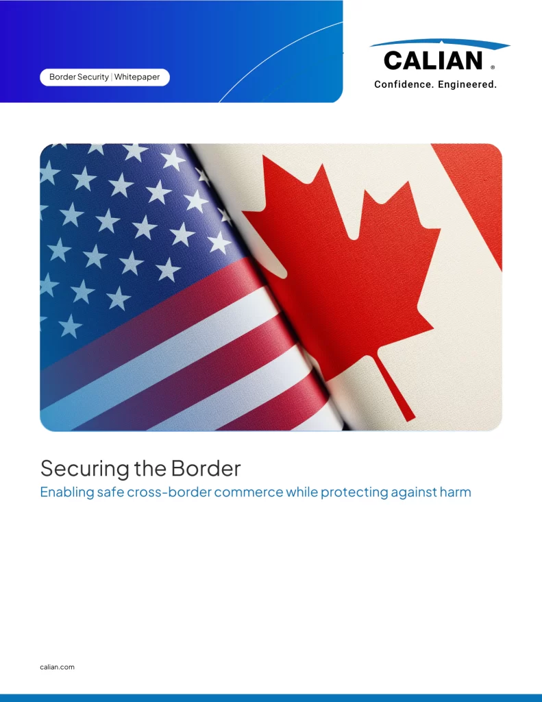 Two flags, the United States and Canada, are shown side by side with the text "Securing the Border" and a subtitle about enabling safe cross-border commerce.