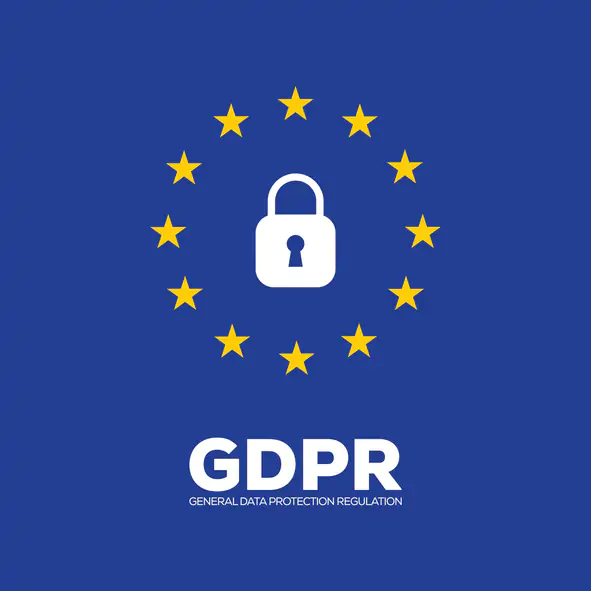 Blue background with yellow stars in a circle and a white padlock in the center. Text below reads "GDPR General Data Protection Regulation.