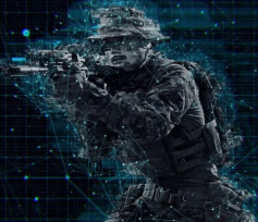 A soldier in camouflage gear aims a rifle, depicted with a digital, fragmented overlay against a blue grid background.