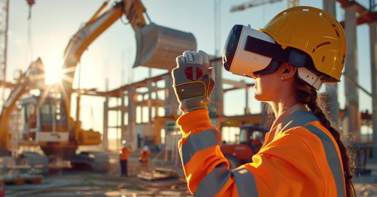 A construction worker in a hard hat and safety gear uses a VR headset at a building site with cranes and other workers in the background.