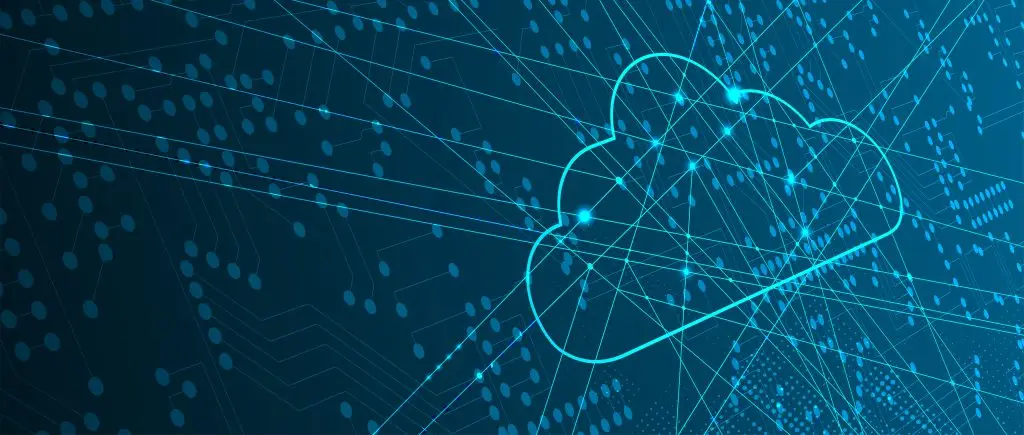 Digital illustration of a cloud outline with interconnected lines and circuits on a dark blue background, representing cloud computing and data networks.