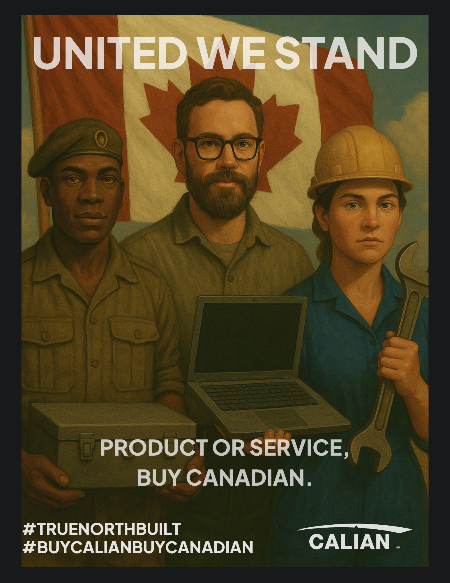 Three people—a Black man in uniform, a bearded man holding a clipboard, and a woman in a hard hat holding a wrench—stand before a Canadian flag with the text, "UNITED WE STAND.