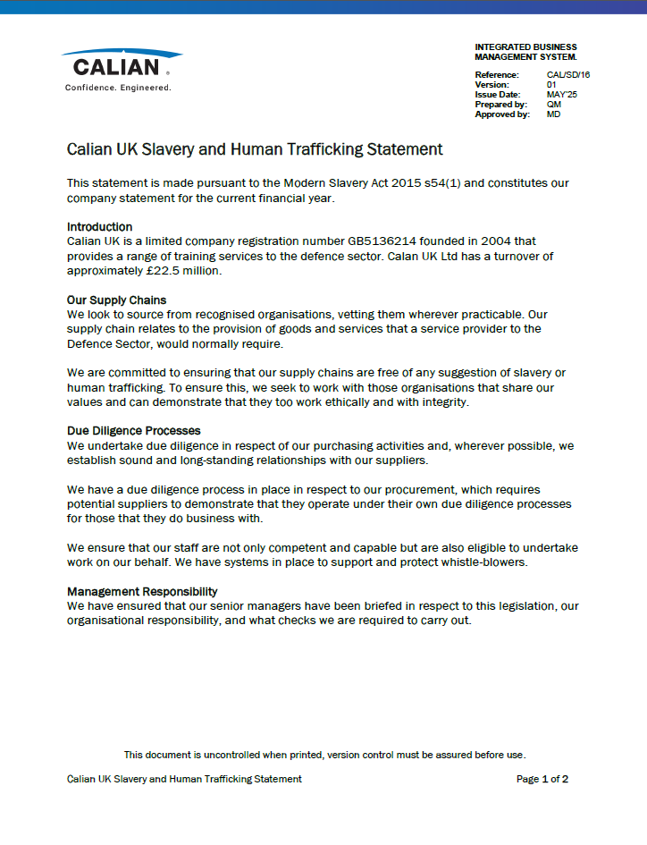 A formal document titled "Calian UK Slavery and Human Trafficking Statement," outlining the company's compliance, supply chain, and anti-slavery commitments, with a signature at the bottom.