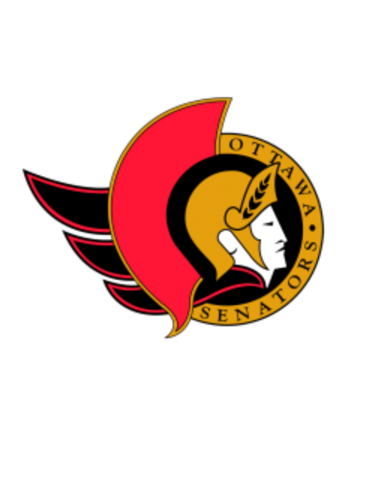 Ottawa Senators logo featuring a stylized Roman centurion helmet in gold, black, and red with the team name in a circular border.