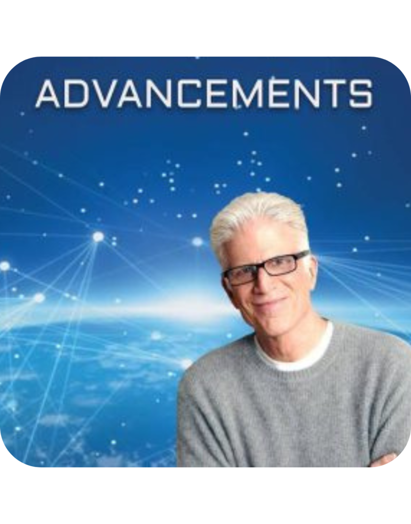 A man with white hair and glasses wearing a gray sweater stands in front of a blue digital network background with the word "ADVANCEMENTS" above him.
