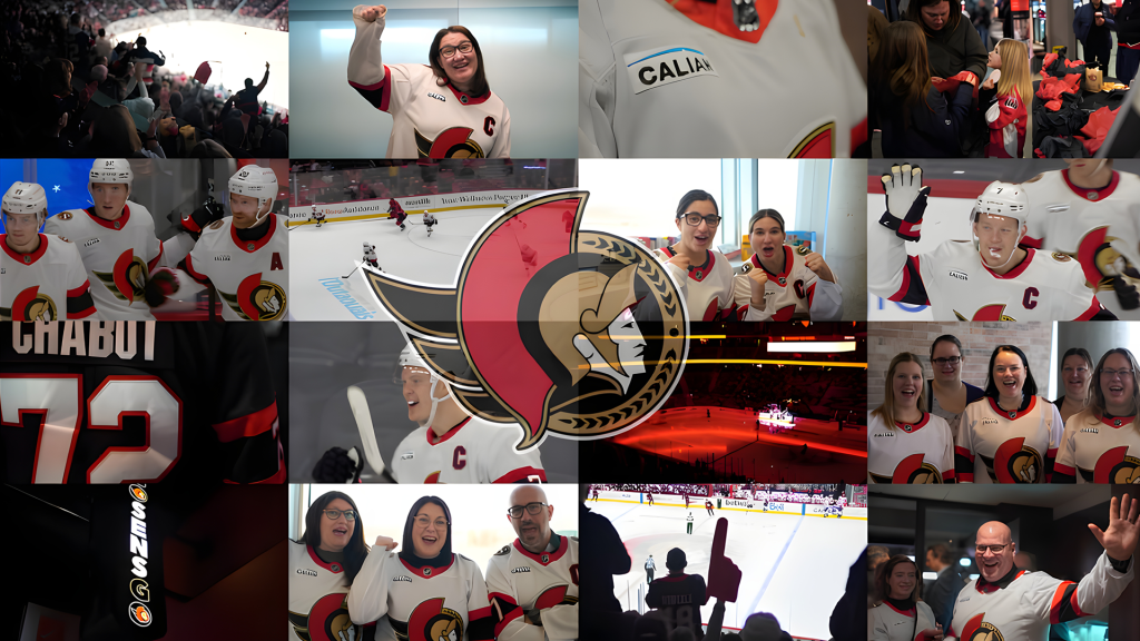 Collage de fans de hockey des Sénateurs d'Ottawa applaudissant et célébrant un match, avec des joueurs sur la glace, des chandails de l'équipe et le logo des Sénateurs au centre.