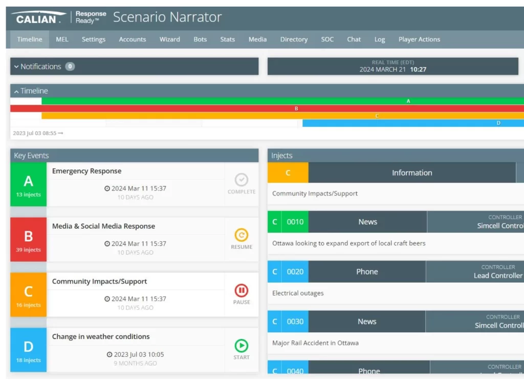 A digital dashboard displays a scenario timeline, key event summaries, injects, and notifications for emergency response and community impact tracking.