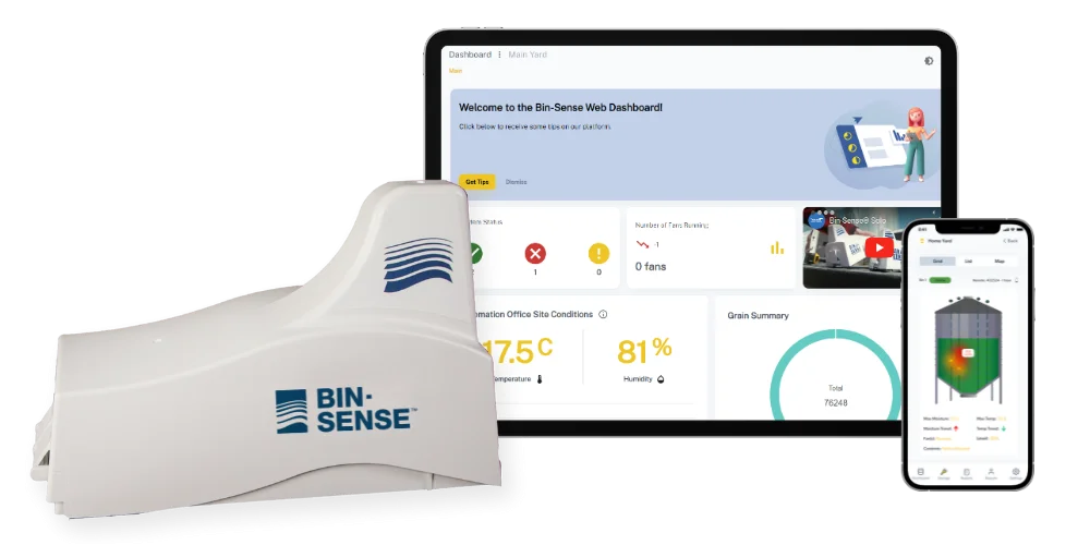A BIN-SENSE sensor device is shown next to a laptop and smartphone displaying grain storage monitoring dashboards.
