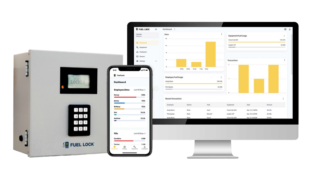 A fuel lock control box, a smartphone showing the Fuel Lock app, and a computer monitor displaying Fuel Lock dashboard analytics and charts.