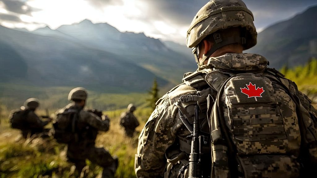 Canadian soldiers in camouflage uniforms and helmets are outdoors in a mountainous area, with one soldier’s backpack displaying a red maple leaf patch.