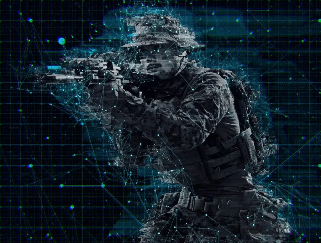 Digital illustration of a soldier aiming a rifle, composed of blue glowing data points and lines against a dark, grid-like background.