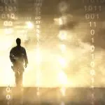 A person stands in a bright, foggy environment with binary code overlaid across the image.
