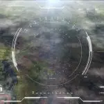 Aerial view through a digital interface with circular HUD graphics overlaying a cloudy landscape, resembling a drone or satellite surveillance display.
