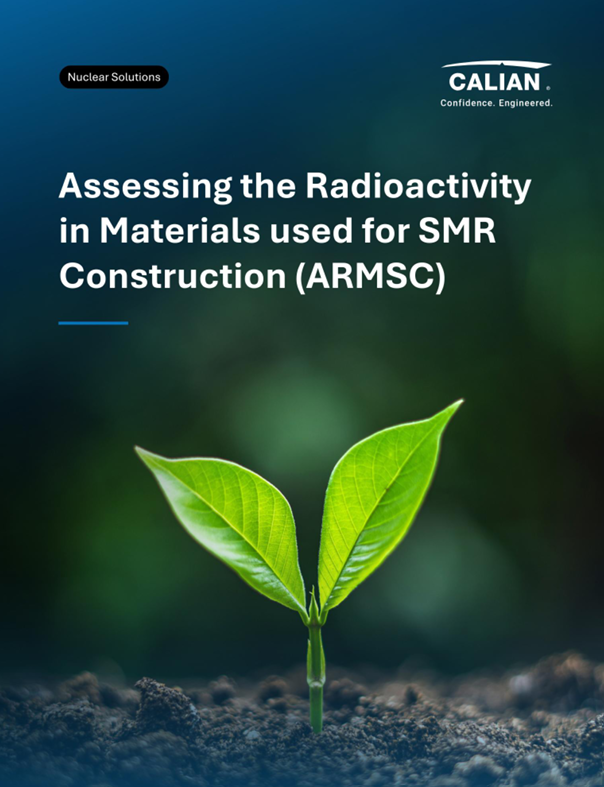 A small green plant seedling grows from soil, set against a blurred green and blue background. The page headline discusses assessing radioactivity in SMR construction materials.