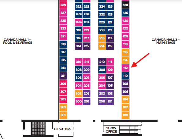 Map of exhibition booths in a vertical layout; booth 112 is highlighted with a red arrow, located near the Show Office and Canada Hall 3 - Main Stage.