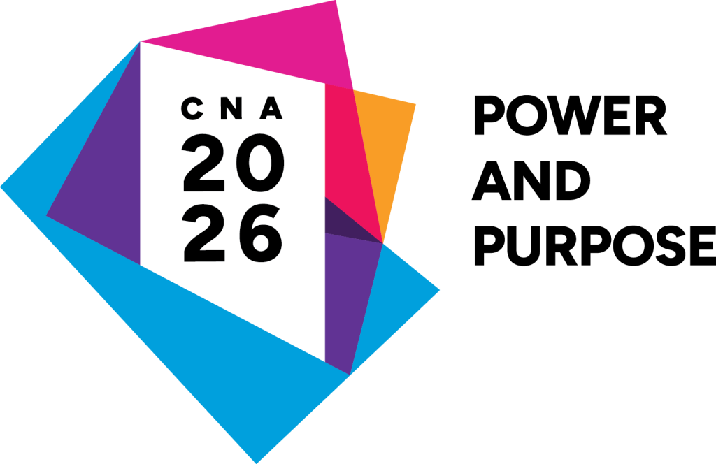 Geometric shapes with “CNA 2026” at center and the words “Power and Purpose” on the right; bold, colorful design.
