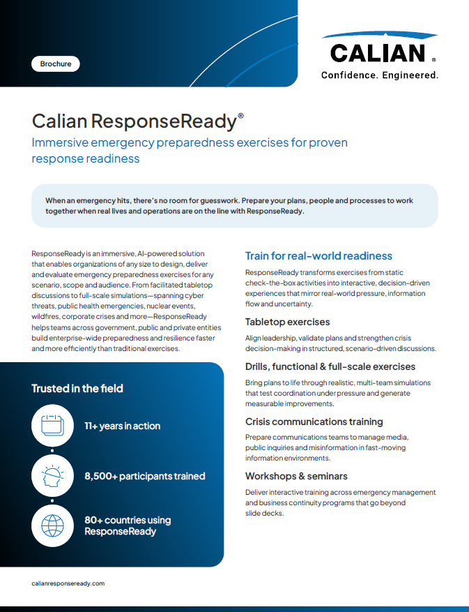 Brochure for Calian ResponseReady, highlighting immersive emergency preparedness exercises, key features, and facts about years in action and number of countries using the service.
