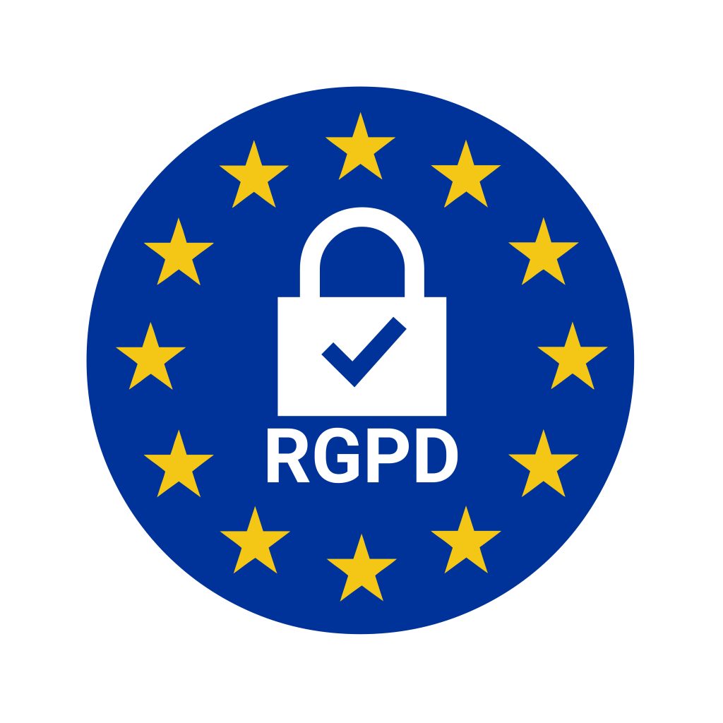 A blue circle with yellow stars features a padlock with a check mark and the letters "RGPD," representing the General Data Protection Regulation in the European Union.