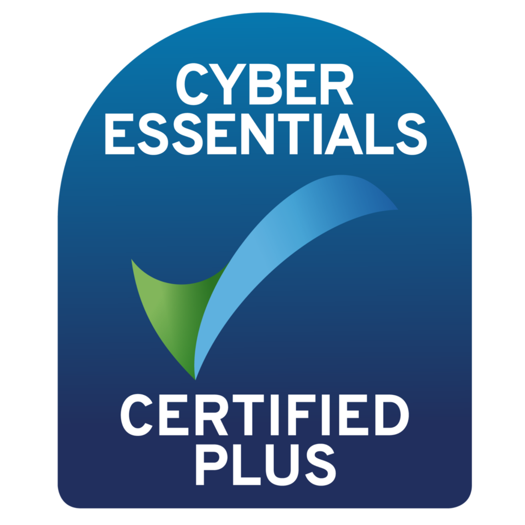 Cyber Essentials Certified Plus logo with a green and blue checkmark on a blue background, indicating cybersecurity certification.