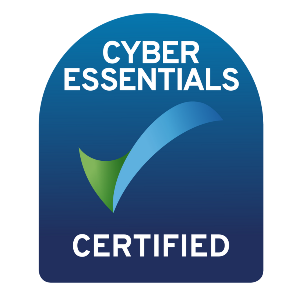 Cyber Essentials Certified logo featuring a blue and green checkmark on a blue gradient background with white text.